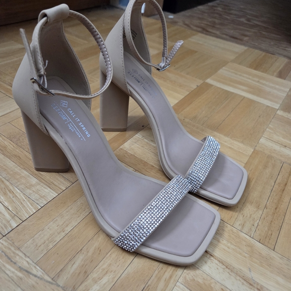Call It Spring Nude Block Heels with Rhinestone Strap - Picture 1 of 5